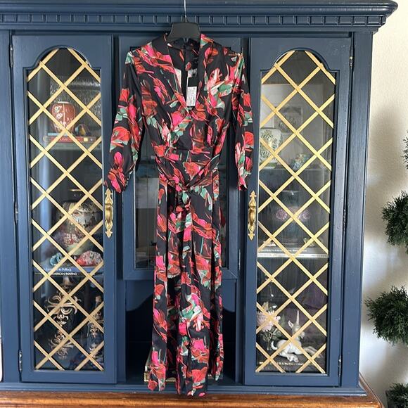 NWT ASOS Lost Ink wide leg jumpsuit with tie waist in abstract floral print XXS - Picture 10 of 16